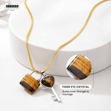 Tiger Eye Lock & Key Crystal Pendant With Velore Snake Chain