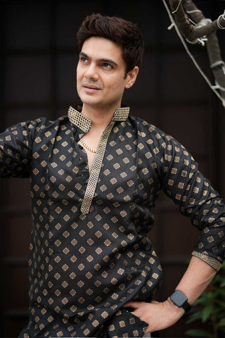 Royal Black Gold Block Print Kurta