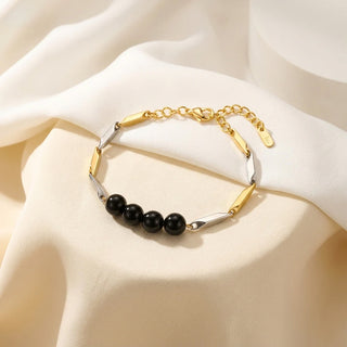Black Obsidian Dual-Tone Rice Chain Bracelet