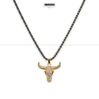Guardian Bull Pendant - 24k Gold Tone Plated [ Black Chain ]