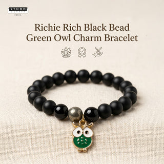 Richie Rich Black Bead Green Owl Charm Bracelet