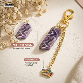 Amethyst Pencil + Crown Charm Keychain