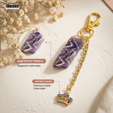 Amethyst Pencil + Crown Charm Keychain