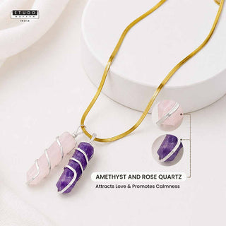 Amethyst and Rose Quartz Crystal Pencil Pendant with Chain