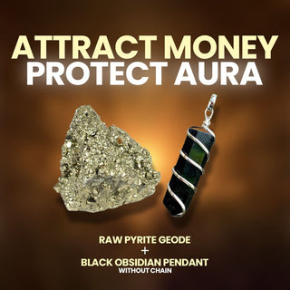 ATTRACT MONEY & PROTECT AURA (Raw Pyrite Stone & Black Obsidian Pendant (without chain)