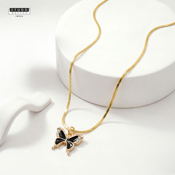 Black Butterfly Pendant- 24K Gold Plated [ With Velore Snake Chain]