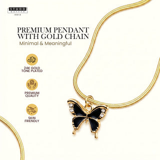 Black Butterfly Pendant - 24k Gold Tone Plated [ With Chain ]