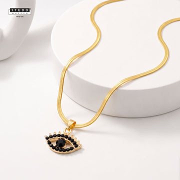 Black Evil Eye Pendant - 24K Gold Plated [ With Velore Snake Chain]