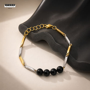 Black Obsidian Dual-Tone Rice Chain Bracelet