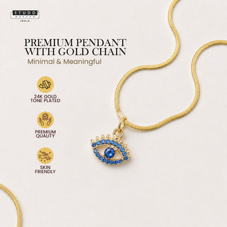 Blue Evil Eye Pendant - 24k Gold Tone Plated [ With Chain ]