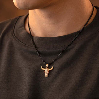 Guardian Bull Pendant - 24k Gold Tone Plated [ Black Chain ]