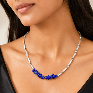 Lapis Lazuli Crystal Silver Rice Chain Pendant Necklace