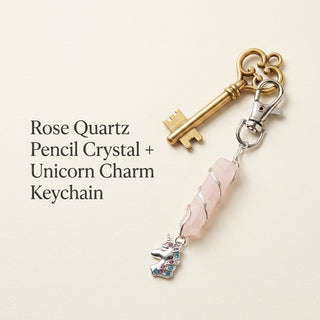 Rose Quartz Pencil Crystal + Unicorn Charm Keychain