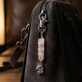 Rose Quartz Pencil Crystal + Unicorn Charm Keychain