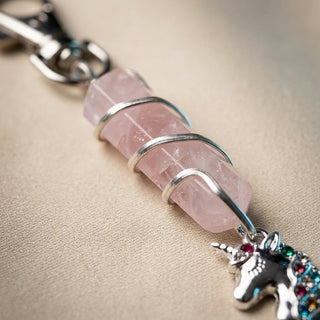Rose Quartz Pencil Crystal + Unicorn Charm Keychain