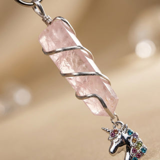 Rose Quartz Pencil Crystal + Unicorn Charm Keychain