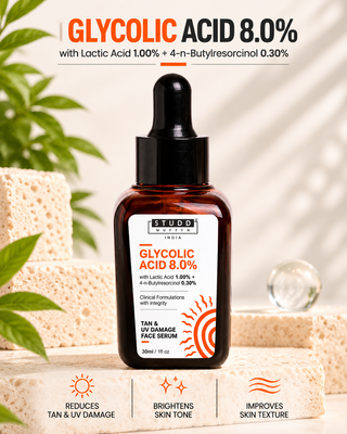 Studd Muffyn Glycolic Acid 8% Tan and UV Damage Face Serum 30ml with Lactic Acid 1% and 4-n-Butylresorcinol 0.3%: reduces tan and dark spots, exfoliates dead skin cells, helps protect against UV damage