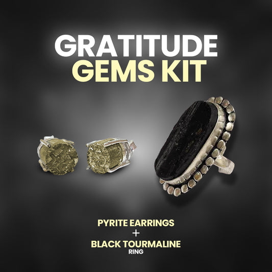 Gems Of Gratitude ( Earrings of Pyrite & Black Tourmaline Ring )