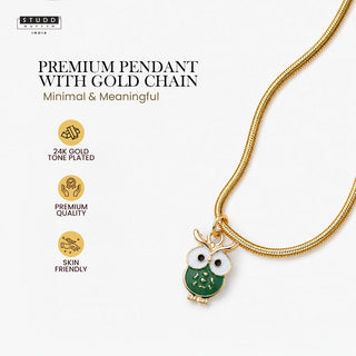 Green Owl Pendant - 24k Gold Tone Plated [ With Chain ]