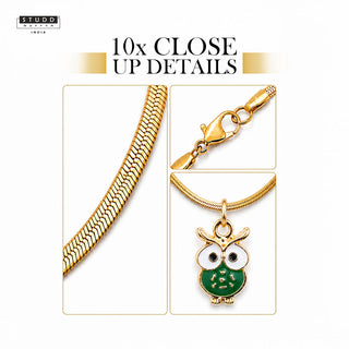 Green Owl Pendant - 24k Gold Tone Plated [ With Chain ]