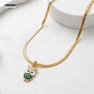 Green Owl Pendant - 24k Gold Tone Plated [ With Chain ]