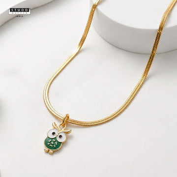 Green Owl Pendant - 24K Gold Plated [ With Velore Snake Chain]