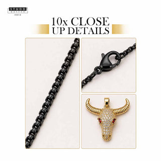 Guardian Bull Pendant - 24k Gold Tone Plated [ Black Chain ]