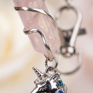 Rose Quartz Pencil Crystal + Unicorn Charm Keychain