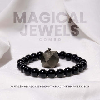 Magical Jewels ( Pyrite 3D Hexagonal Pendant (without chain) & Black Obsidian Bracelet )