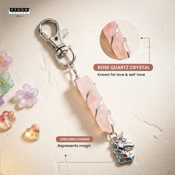 Rose Quartz Pencil Crystal + Unicorn Charm Keychain