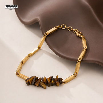 Tiger Eye Crystal Gold Toned Rice Chain Bracelet