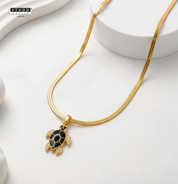 Black Turtle Pendant - 24K Gold Plated [ With Velore Snake Chain]