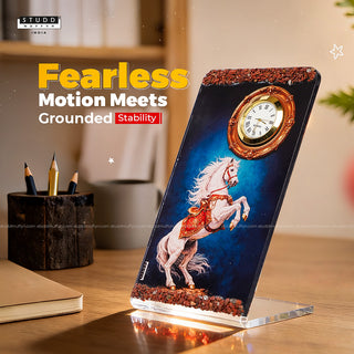 White Horse Red Jasper Crystal Table Clock