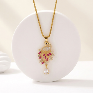 Peacock of Prosperity Crystal Pendant on Rope Chain 2 mm