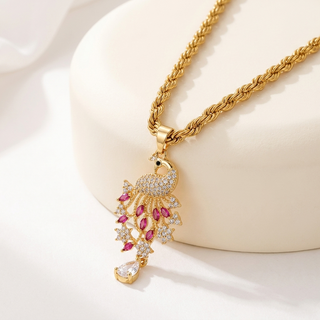 Peacock of Prosperity Crystal Pendant on Rope Chain 5 mm