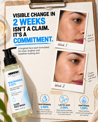 Visible change in 2 weeks: week 1 dull uneven skin tone vs week 2 clearer brighter even-toned skin with the Niacinamide glow face wash
