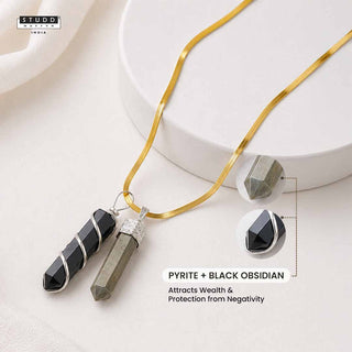 Pyrite and Obsidian Crystal Pencil Pendant with Chain