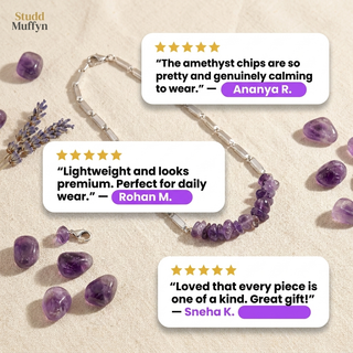 Three five-star customer review cards around the amethyst necklace