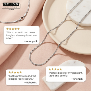 Five-star customer review cards with the silver flat curb chain