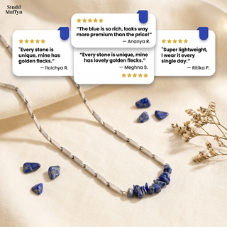 Three five-star customer review cards for the Lapis Lazuli necklace