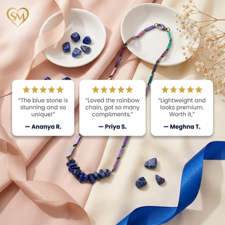 Flat-lay of the necklace with three five-star customer review cards