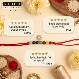 Five-star review cards for the Sunshine 7 Chakra Rakhi