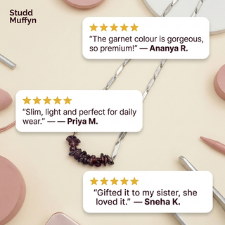 Three five-star review cards for the Garnet necklace