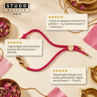 Flat-lay of the Grounded Grace Rakhi with three five-star customer review cards