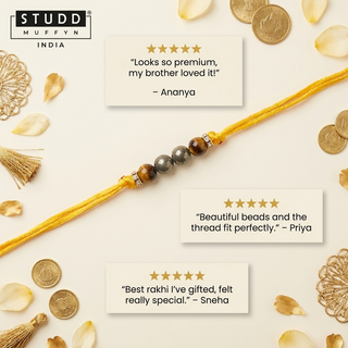 Three five-star customer review cards for the Unstoppable Rakhi