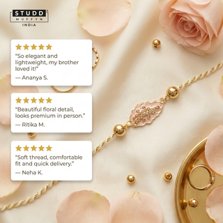 Five-star review cards for the Hematite Blossom Rakhi