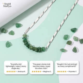 Five-star customer review cards for the Green Aventurine necklace