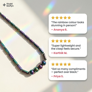 Three five-star customer review cards for the Prism Hematite Rice Chain Necklace