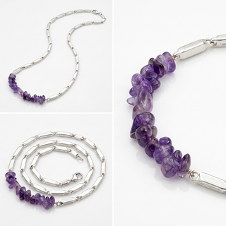 Multi-angle clean catalog collage of the amethyst silver-tone chain necklace