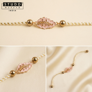 Multi-angle product shots of the Hematite Blossom Rakhi